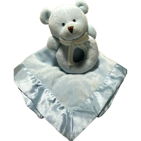 Carters Lovie Rattle Blue Minky & Satin Bear 14" Square Soft Cuddly Baby Toy - Picture 1 of 5